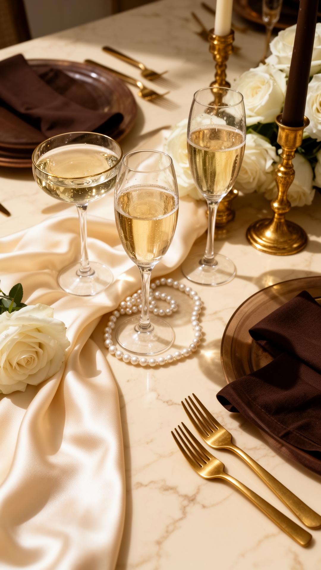 champagne coupes, white roses and gilded candles on a cream marble table
